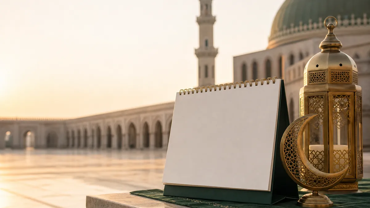 تقويم فارغ وهلال وفانوس أمام مسجد في صباح هادئ يرمز إلى عيد الأضحى 2028