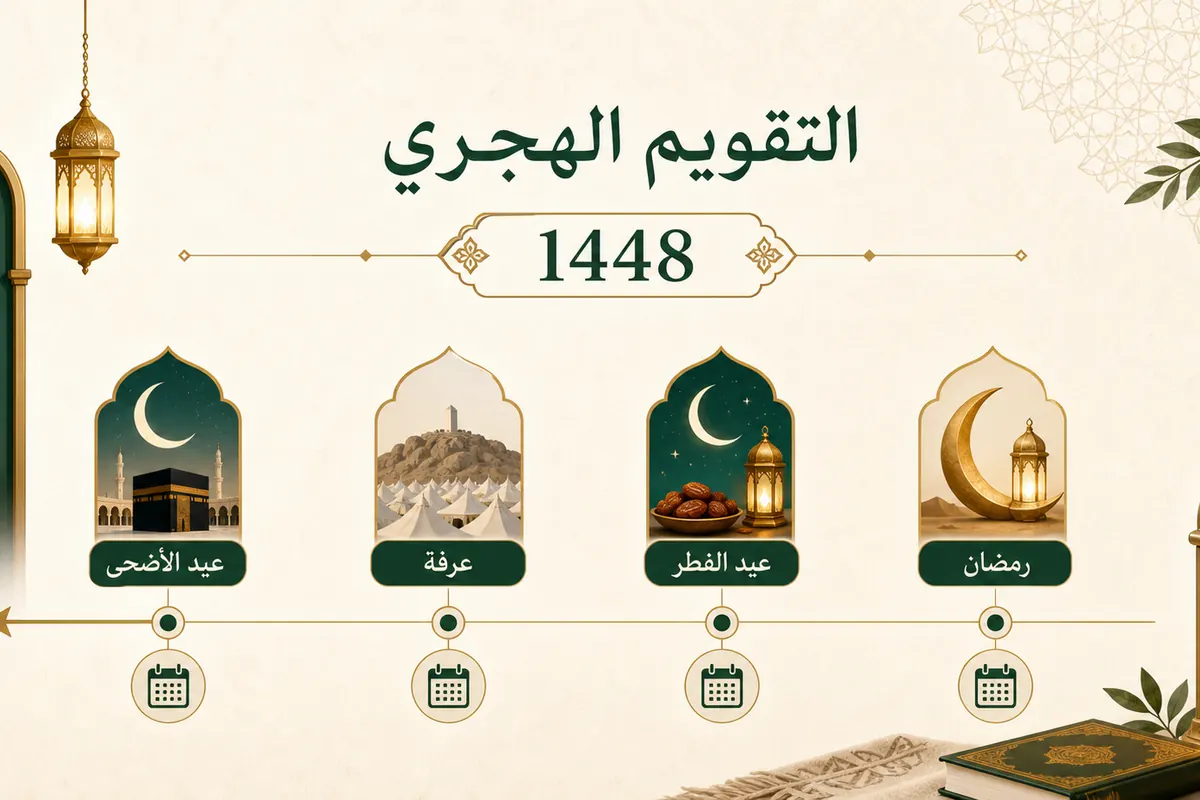 خط زمني بصري يربط رمضان وعيد الفطر ويوم عرفة وعيد الأضحى ضمن سنة 1448 هجرية
