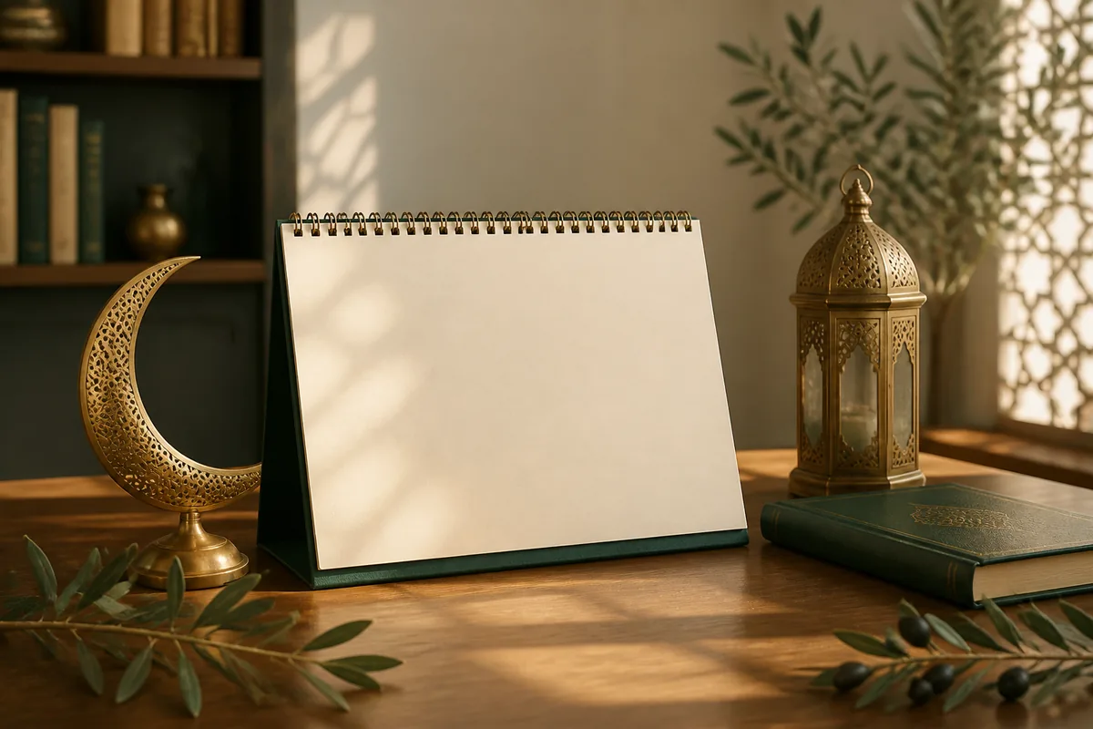 تقويم مكتبي فارغ بجوار هلال وفانوس يرمز إلى السنة الهجرية 1450