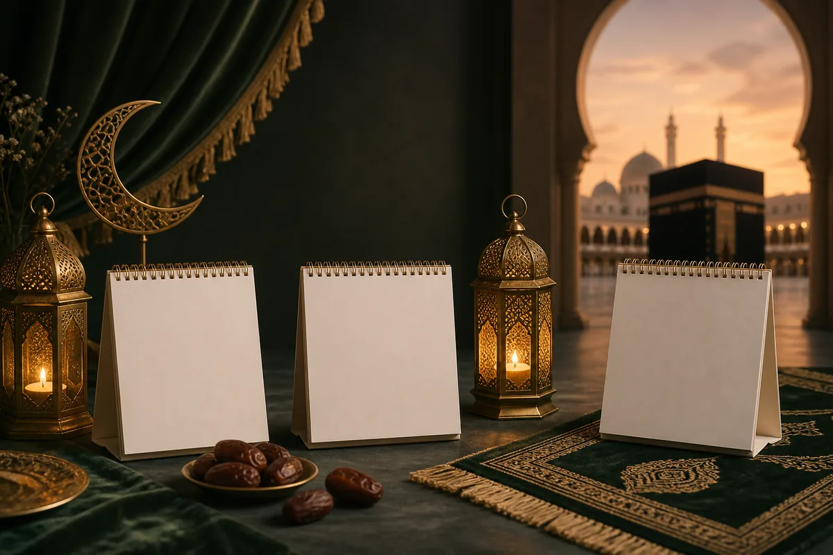 ثلاثة تقاويم فارغة وهلال وفوانيس وسجادة صلاة ترمز إلى محطات السنة الهجرية 1450