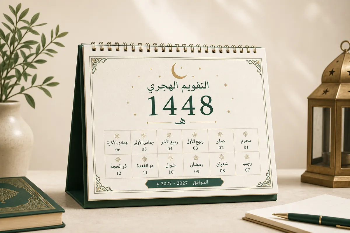تقويم مكتبي عربي يعرض سنة 1448 هجرية مع هلال وزخارف إسلامية هادئة