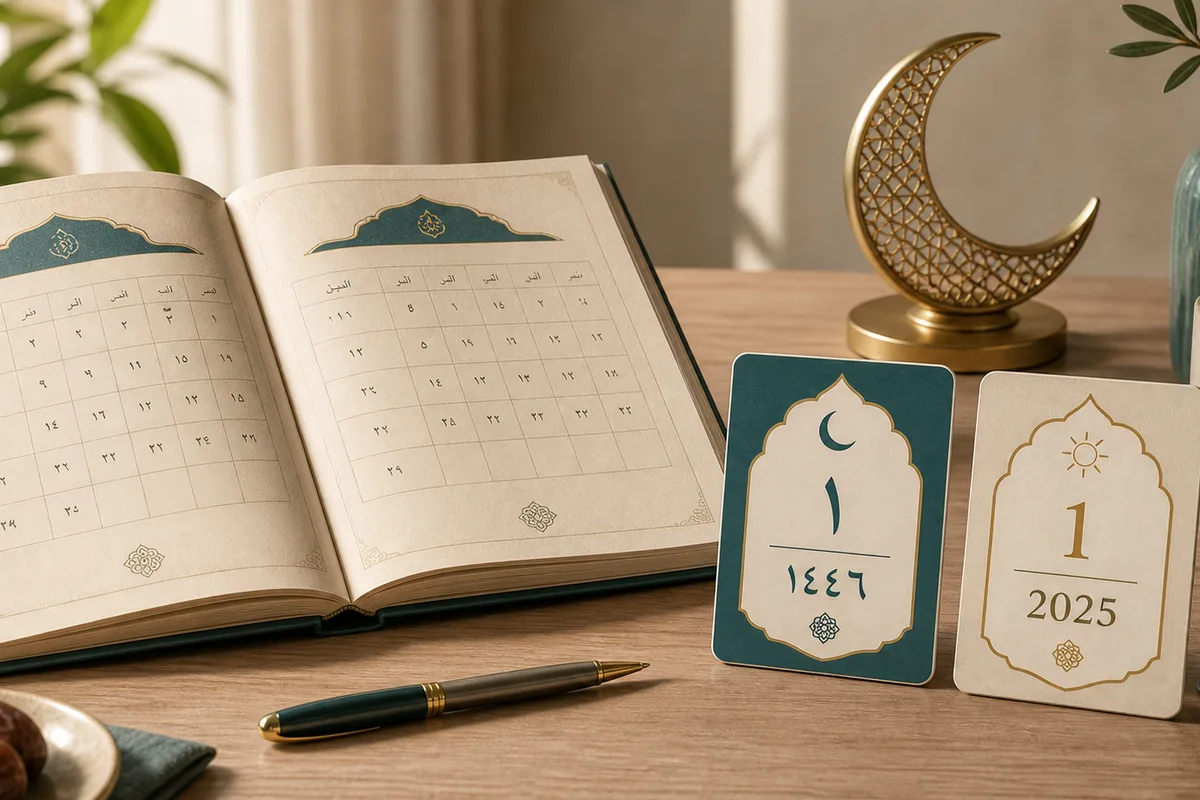 تقويم عربي على مكتب يعرض التاريخ الهجري والميلادي لليوم مع هلال صغير وإضاءة هادئة