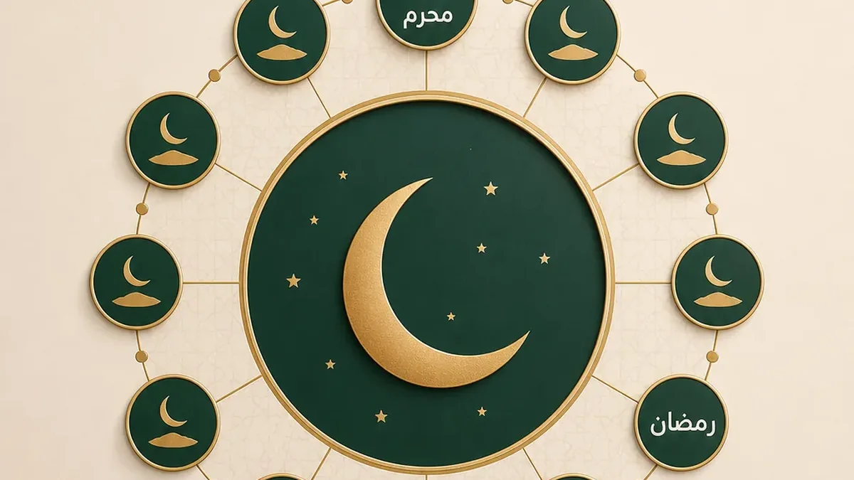 رسم توضيحي لتقويم قمري يعرض ترتيب الشهور الهجرية حول هلال