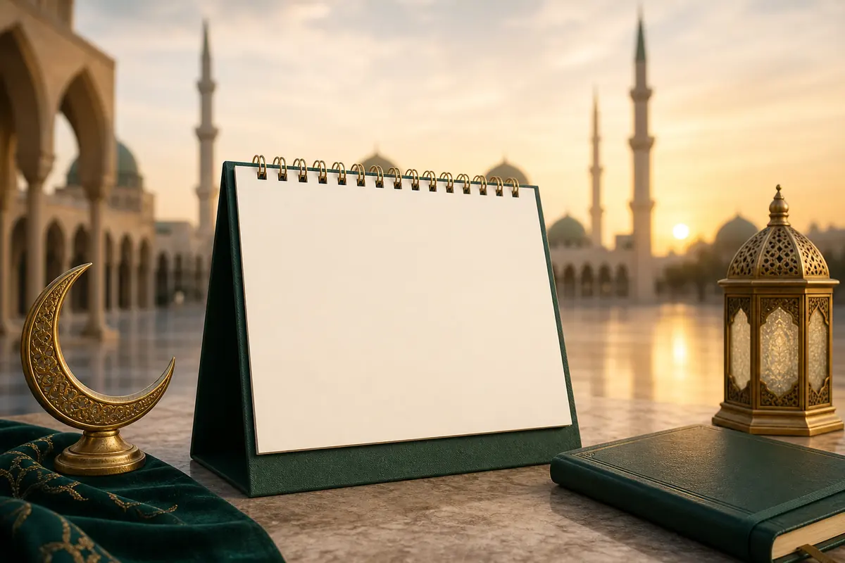 تقويم مكتبي فارغ بجوار هلال وفانوس في ساحة مسجد وقت الشروق