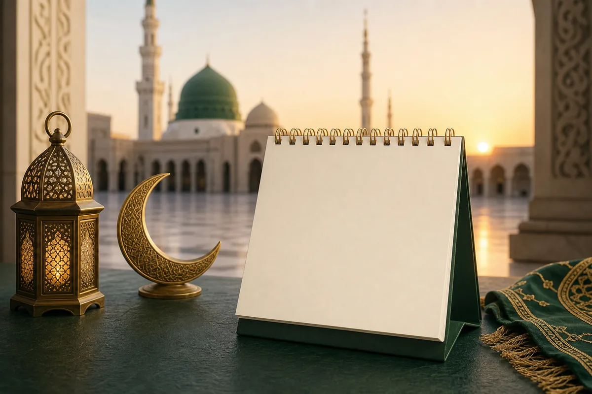 تقويم مكتبي فارغ بجوار هلال وفانوس في ساحة مسجد عند الفجر