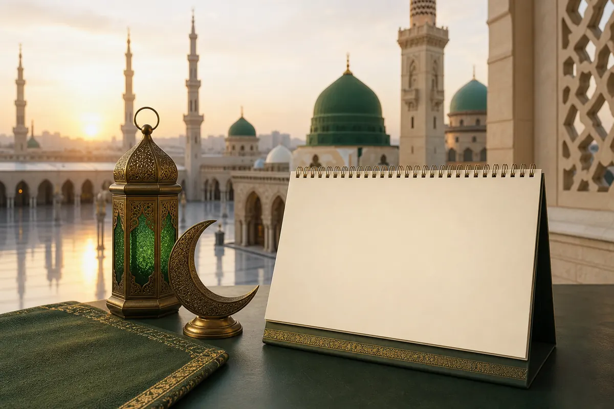تقويم مكتبي فارغ بجوار هلال وفانوس في ساحة مسجد عند شروق الشمس