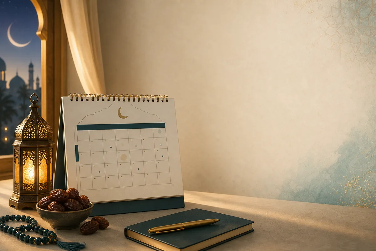 تقويم رمضاني على مكتب عربي مع فانوس وهلال وتمر يرمز إلى مواعيد رمضان 2026